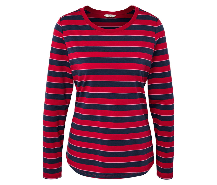 Damen Langarmshirt mit rot-blauen horizontalen Streifen.