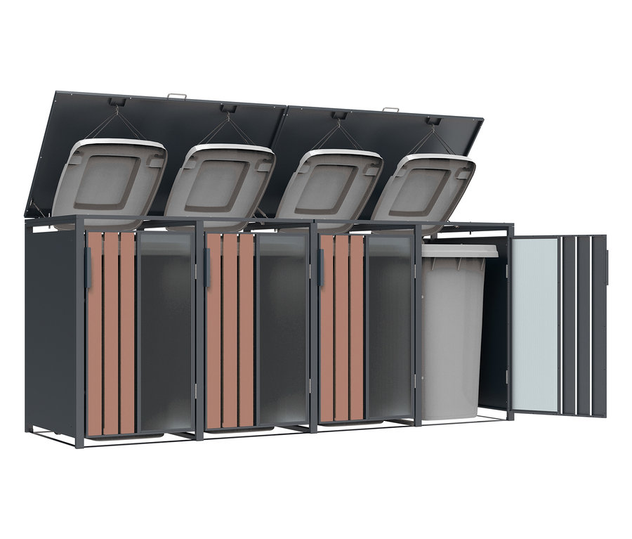 Vier Mülltonnen zur Mülltrennung mit offenen Deckeln und einer offenen Tür.