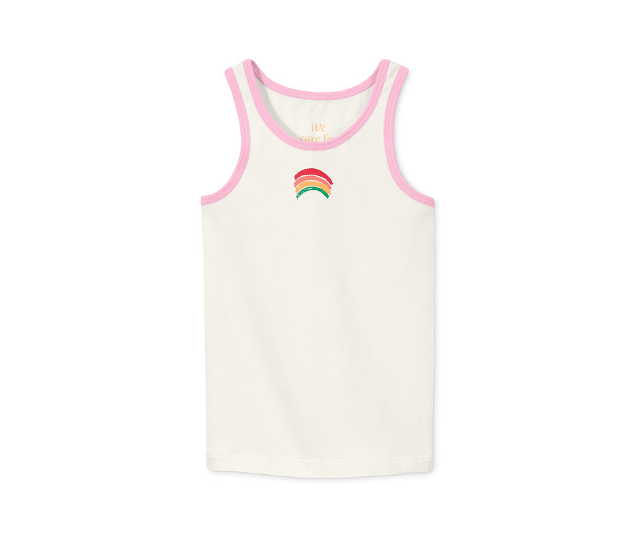 Weißes Unterhemd mit rosa Rand und Regenbogen-Design. 3 Unterhemden aus Bio-Baumwolle.