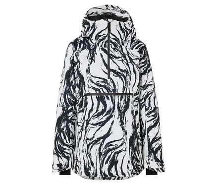 Weiße Jacke mit abstraktem, schwarzem Muster und Kapuze.