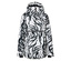 Weiße Jacke mit abstraktem, schwarzem Muster und Kapuze.