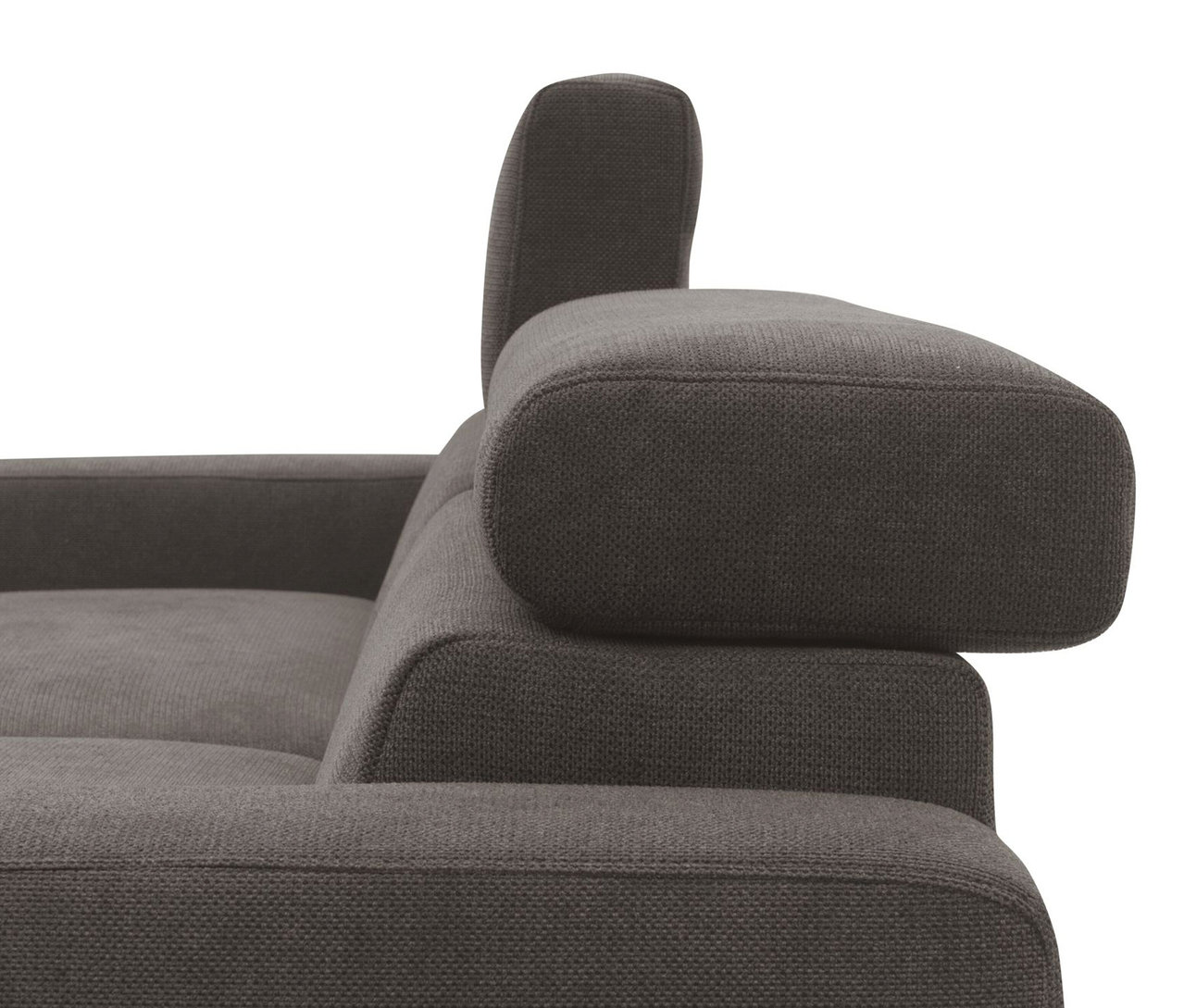 Detailansicht eines grauen DOMO collection Sofas, rechte Ausführung.