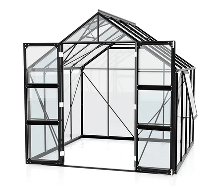 Das Vitavia Gewächshaus Olymp 6,7m² inklusive Fundamentrahmen mit offenen Türen.