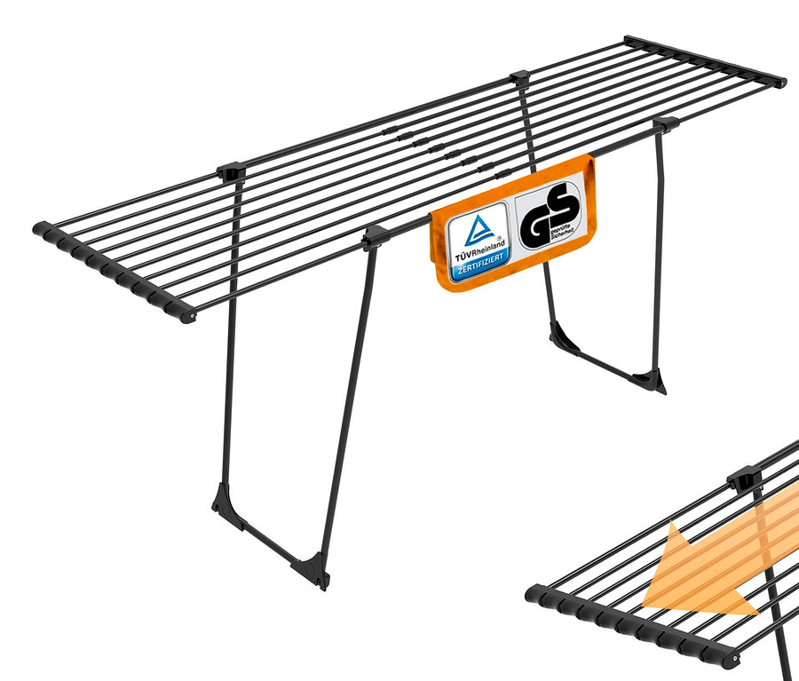 Schwarzer Teleskop-Wäscheständer.