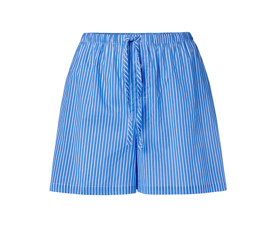 Blaue Web-Shorts mit weißen Streifen und Kordelzug in der Taille.