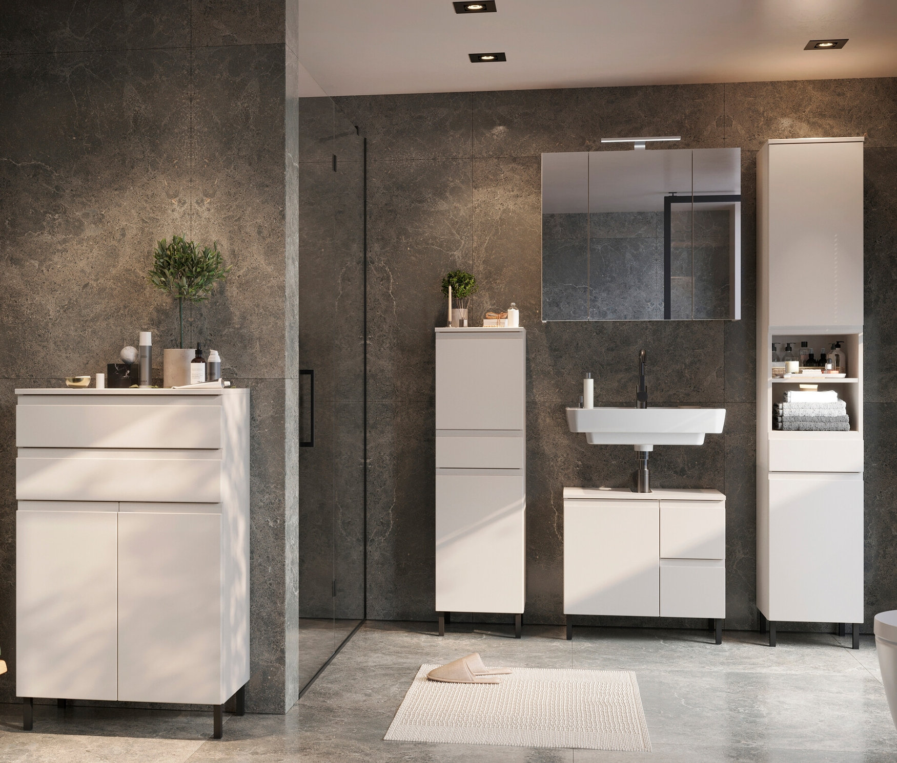 Badezimmer mit Waschbecken, Spiegel und großem »Salinas« Hochschrank, kaschmir.