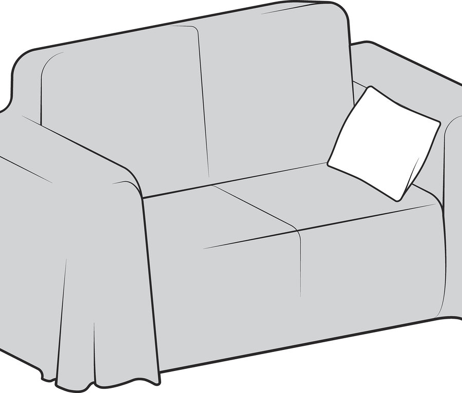 Graustufen-Illustration eines Sofas mit Renforcé-Überwurf und Kissen.