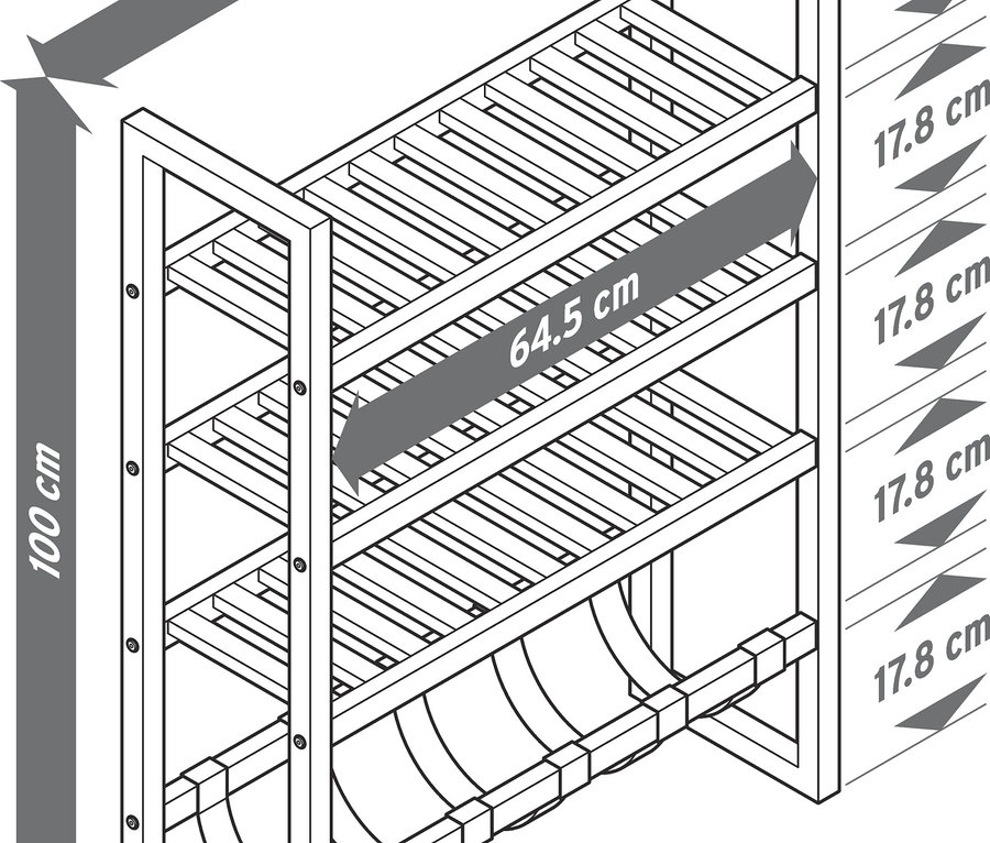 Abbildung eines schmalen Standregals mit Maßangaben.