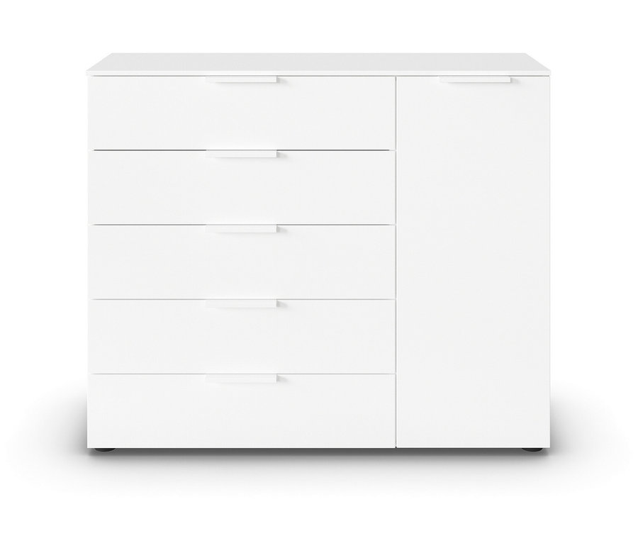 Weißes Sideboard mit fünf Schubladen und einem Schrankfach.