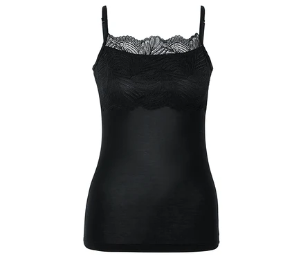 Schwarzes Tanktop mit Spitze oben und dünnen Trägern.