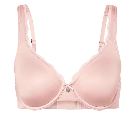 Detailaufnahme eines rosa BHs mit Spitze und Schleife in der Mitte.