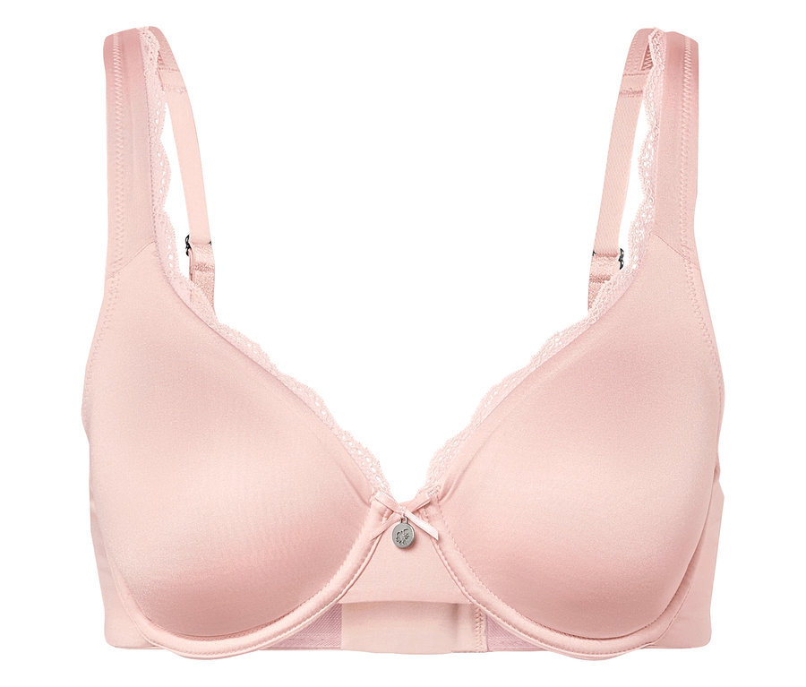 Detailaufnahme eines rosa BHs mit Spitze und Schleife in der Mitte.