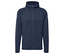 Dunkelblaue Thermojacke mit Kapuze und durchgehendem Reißverschluss.