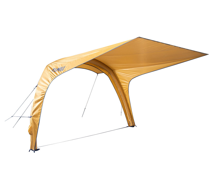 Gelbes Tambu Bus-Sonnensegel GATI mit Abspannleinen.