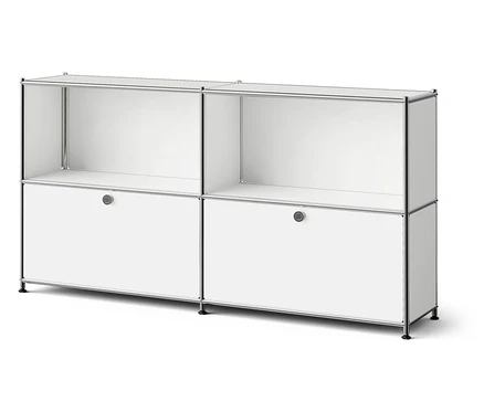 Weißes modulares Aufbewahrungssystem mit zwei offenen Regalen oben und zwei Schubladen unten.