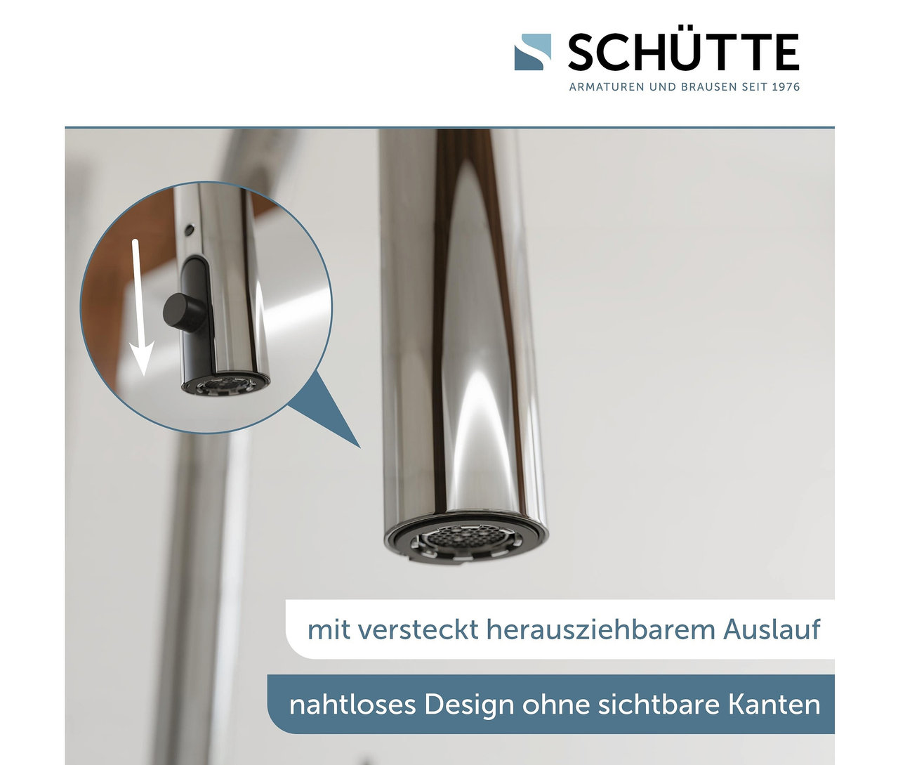 Detail einer verchromten Wasserhahnarmatur mit ausziehbarer Brause und nahtlosem Design.