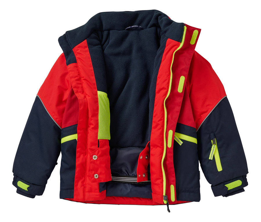 Offene, rot-marineblaue Jako-O Kinder-Robustjacke in Tomatenrot mit gelben Akzenten.