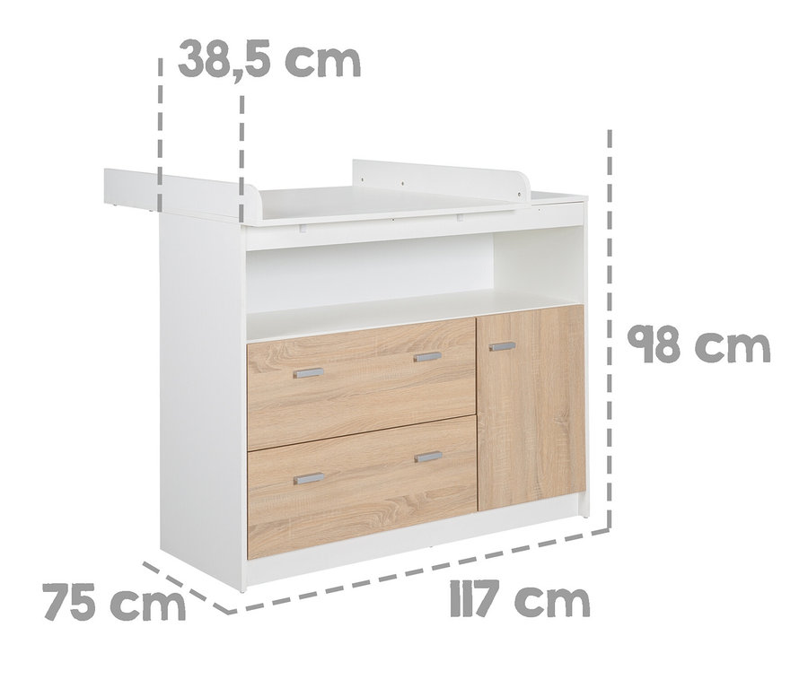 Abmessungen der breiten, weißen roba Wickelkommode »Gabriella« mit 2 Schubladen.