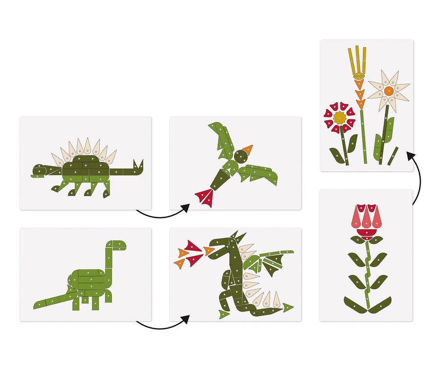 Sechs Karten zeigen Bilder von Pflanzen und Tieren, die aus Holzteilen zusammengesetzt und zu Dinosauriern, einem Vogel, einem Drachen und Blumen geformt wurden, darunter das small foot Hämmerchenspiel, Pflanzen und Lebewesen.