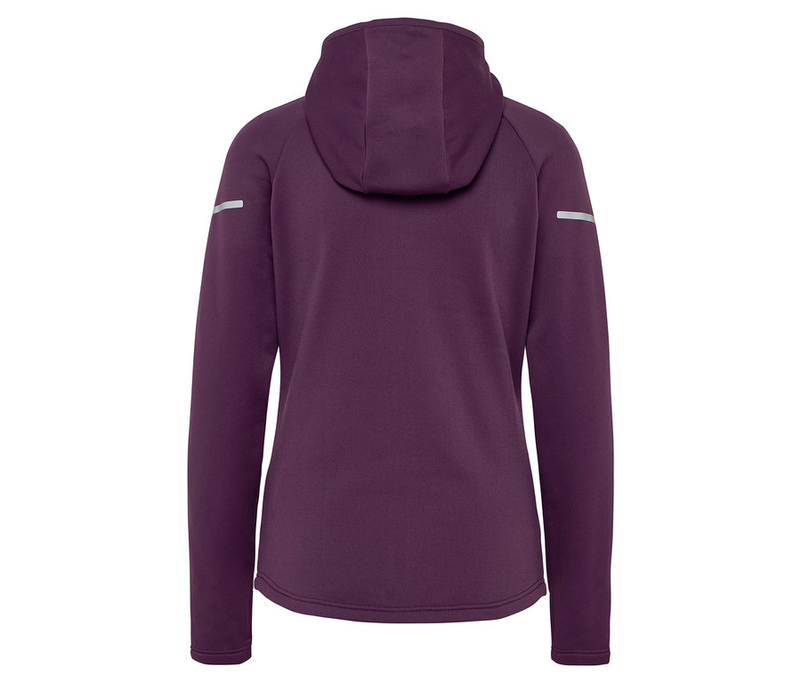 Rückansicht eines violetten Hoodies mit reflektierenden Elementen an den Ärmeln.
