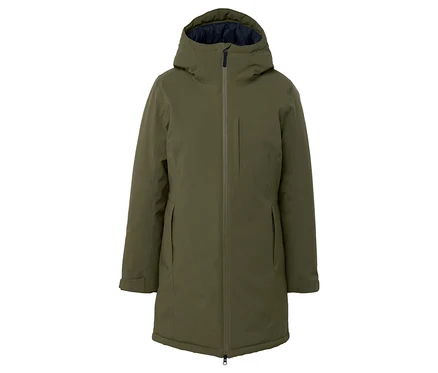 Grüne Winterjacke mit Kapuze und Reißverschluss.