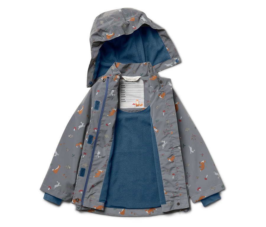 Graue Kinderjacke mit Kapuze, bedruckt mit Füchsen, Pilzen und Hasen, und blauem Fleecefutter.