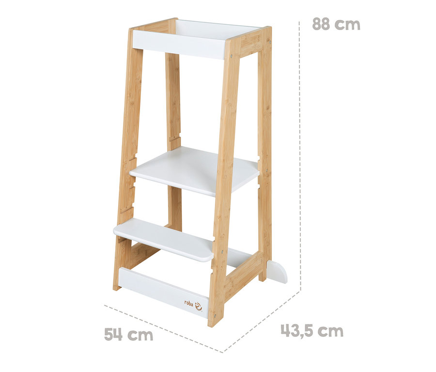 Freistehender roba Lernturm holz weiß mit Abmessungen.