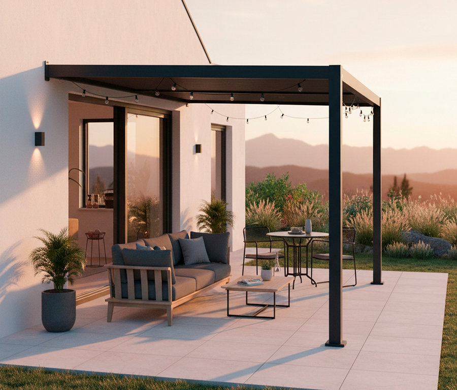 Überdachte Terrasse mit Sofa, Tisch und Stühlen im Freien.