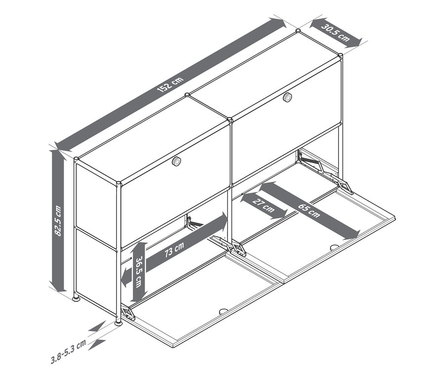 Skizze eines weißen Sideboards mit Abmessungen.