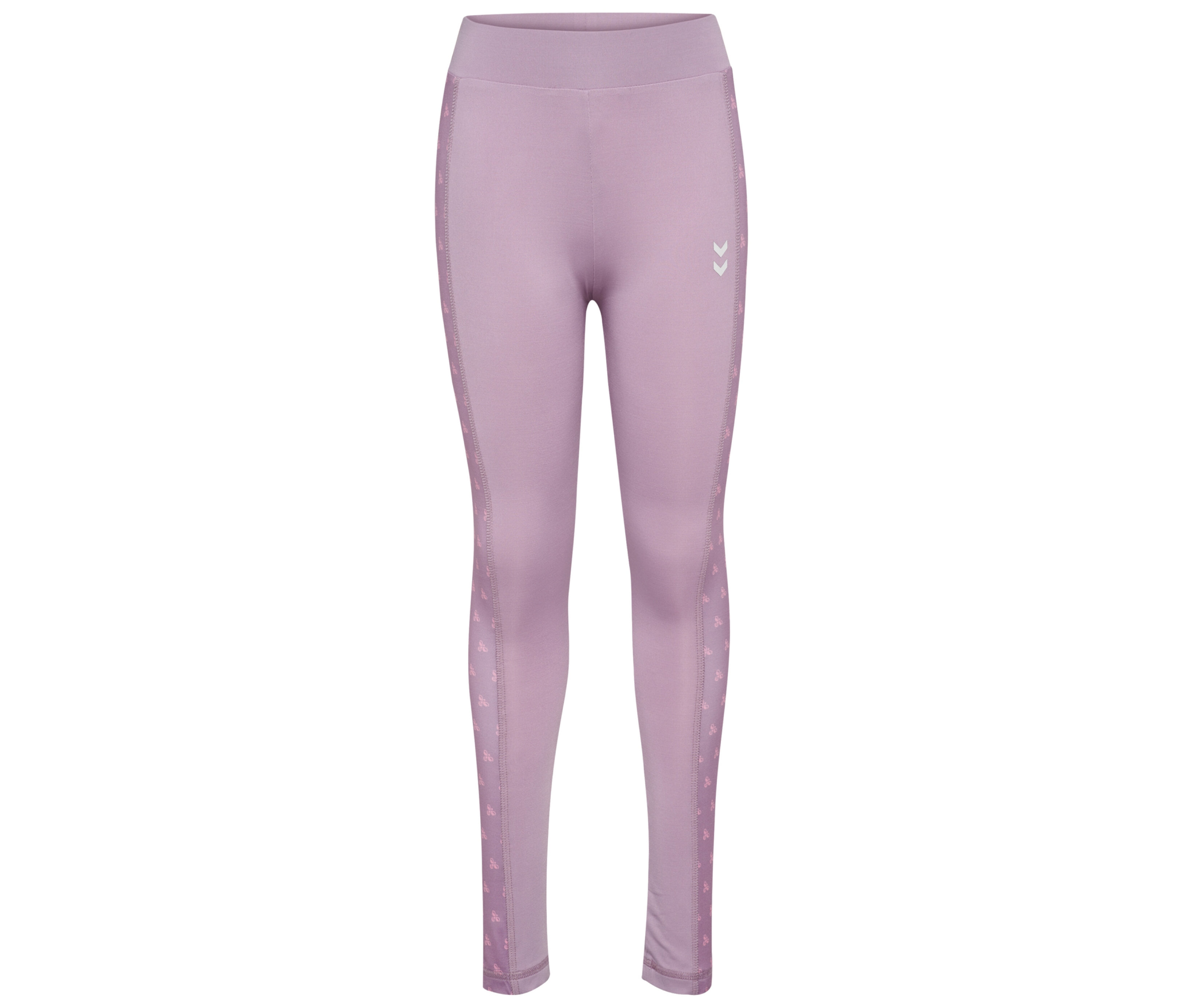 Nahaufnahme der hummel® HMLJR Mix Mid Waist Tight, einer lilafarbenen Leggings mit seitlichem Muster.