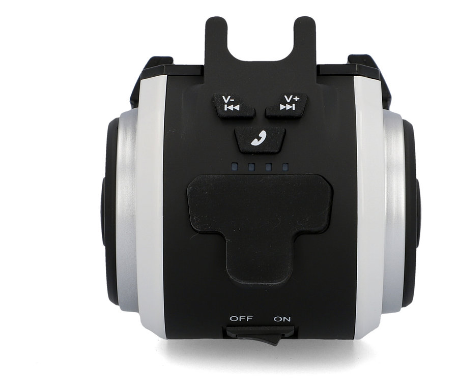 Nahaufnahme der FISCHER Fahrrad-Multimedia-Smartphone-Box mit Tasten und Ein-/Ausschalter.