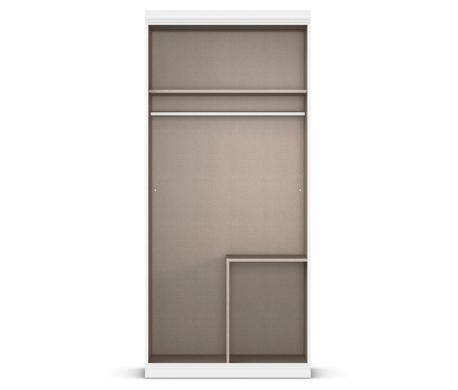 Weißer Kleiderschrank mit einer Stange, einem Regal und einem Fach.
