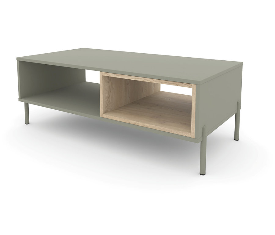 Salbeigrüne Couchtisch »Hygge« mit offenem Holzfach und Ablage auf Füßen.