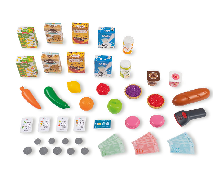Spielzeug Lebensmittel: Nudeln, Kekse, Müsli, Milch, Saft, Soda, Karotte, Zucchini, Zitrone, Orange, Apfel, Himbeere, Kuchen, Brot, Scanner, Münzen und Spielgeld.