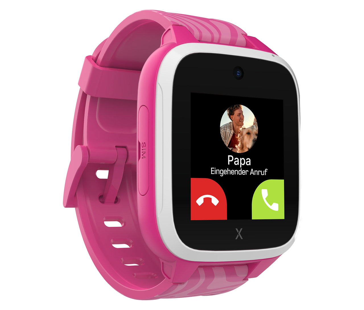Nahaufnahme der pinkfarbenen Kinderuhr Xplora XGO3 2nd Gen. mit eingehendem Anruf von Papa auf dem Display.