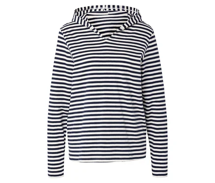 Jersey-Hoodie mit durchgehenden dunkelblauen und weißen Streifen.