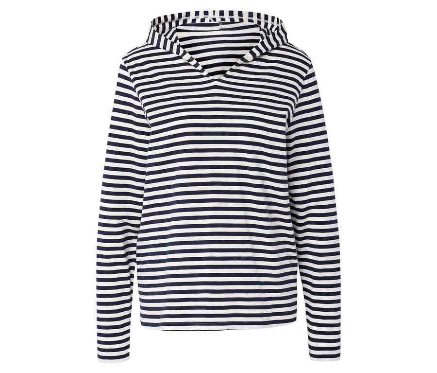 Jersey-Hoodie mit durchgehenden dunkelblauen und weißen Streifen.