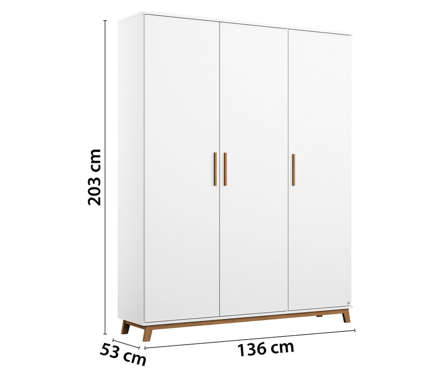 Weißer rauch Kleiderschrank »Carlsson« mit drei Drehtüren. Das Produkt ist 203 cm hoch, 136 cm breit und 53 cm tief.