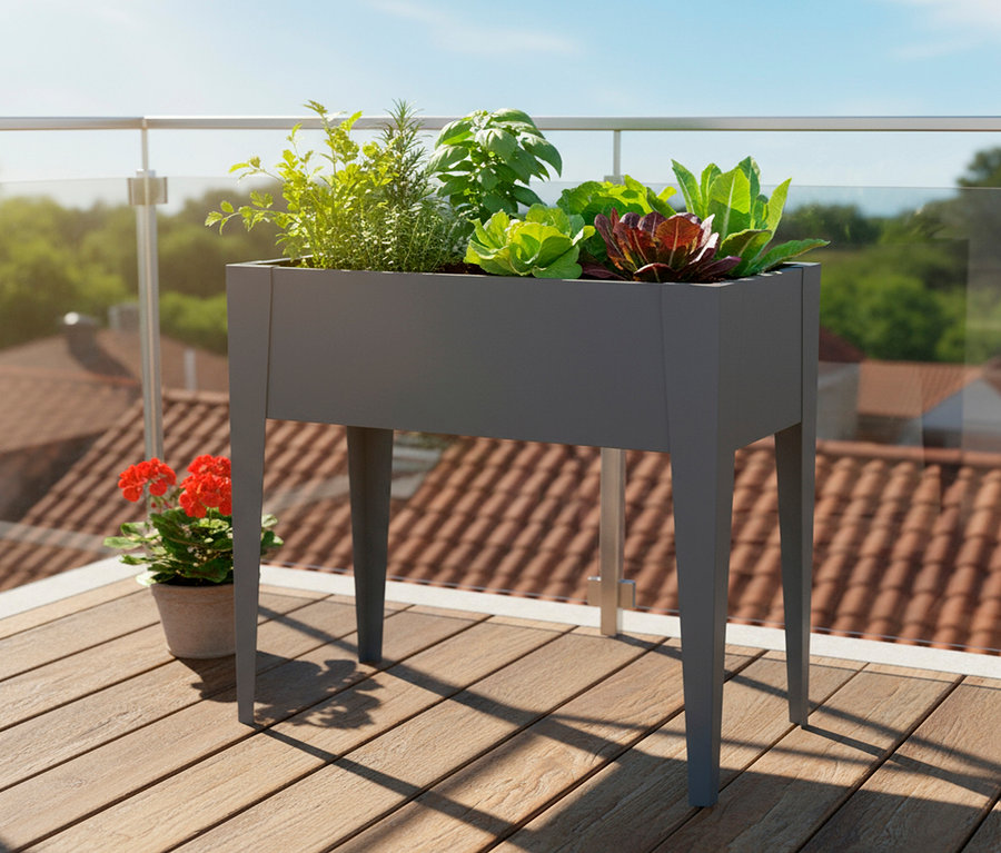 Hochbeet mit Salat und Kräutern auf einem Holzbalkon.