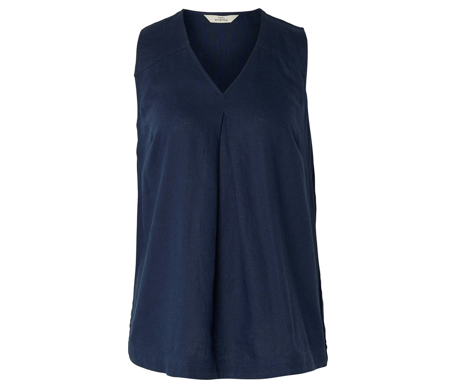 Ein ärmelloses, marineblaues Oberteil mit V-Ausschnitt liegt auf einem weißen Hintergrund.