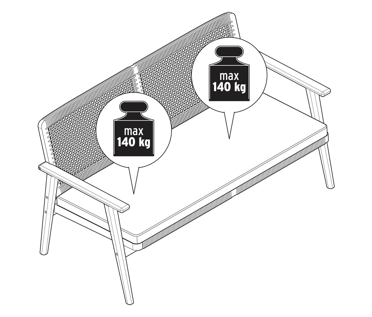 Abbildung eines Gartensofas mit maximaler Belastung von 140 kg.