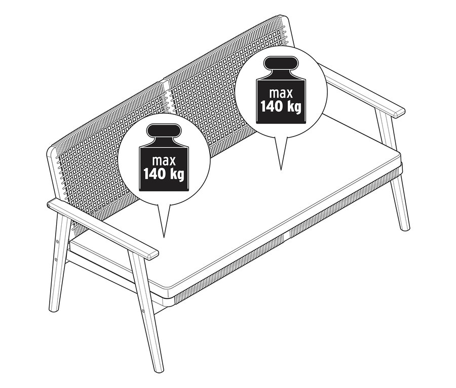 Abbildung eines Gartensofas mit maximaler Belastung von 140 kg.