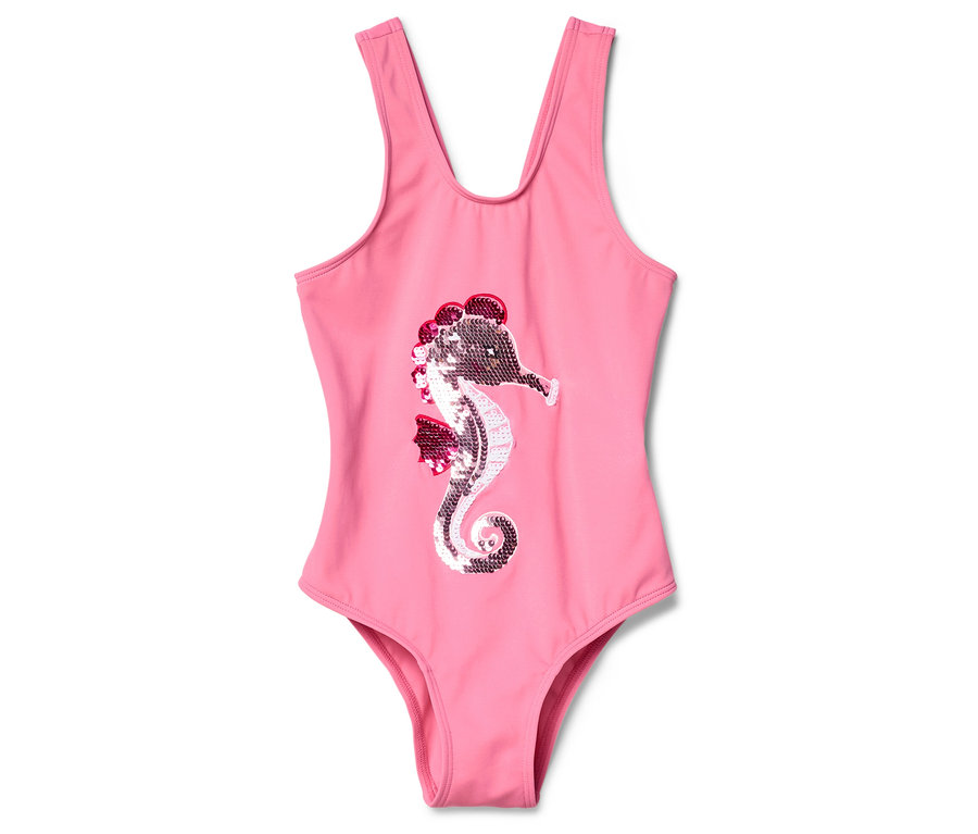 Ein rosafarbener Badeanzug mit einem schimmernden Seepferdchen-Design auf der Vorderseite.