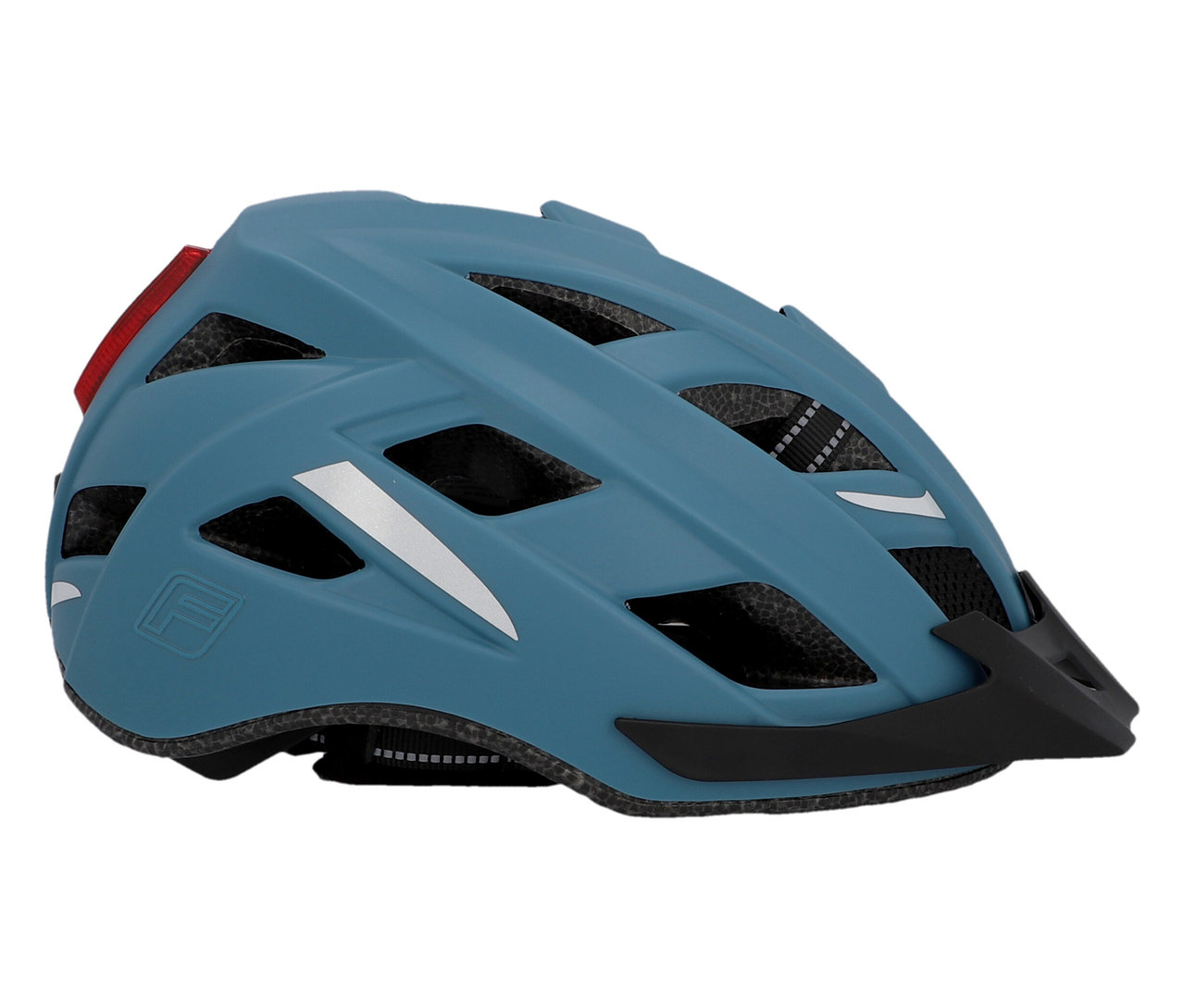 Blauer FISCHER Fahrradhelm Urban PLUS Chicago mit schwarzem Visier und weißen Streifen, Größen S/M oder L/XL.