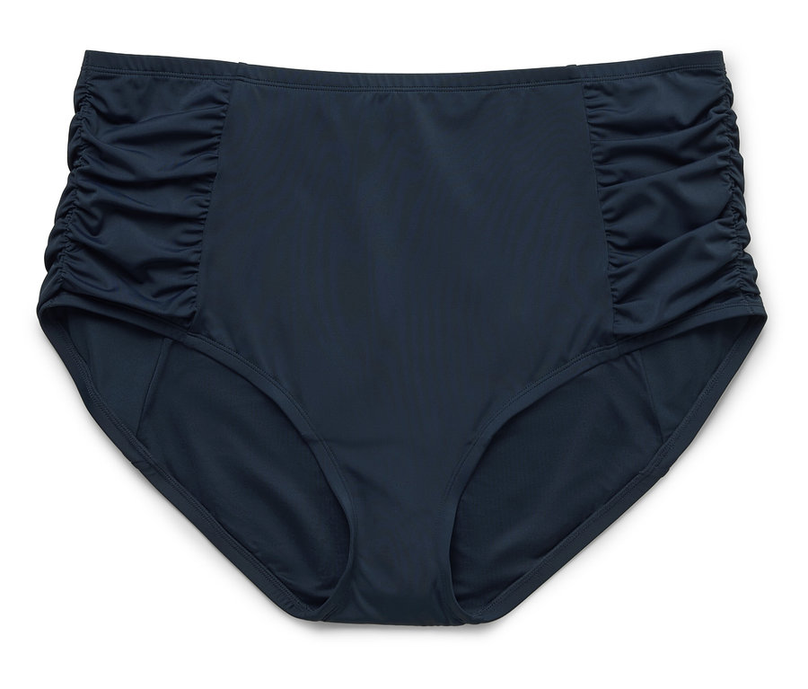 Dunkelblaue, hoch taillierte Bikinihose mit gerafften Seiten vor einem weißen Hintergrund.