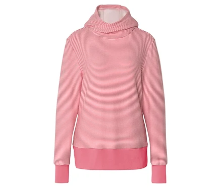 Gestreifter, rosafarbener Kapuzenpullover mit langen Ärmeln und Rippbündchen.