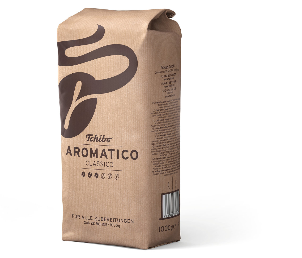 Eine aufrecht stehende, ungeöffnete Packung Aromatico Classico - 1 kg Ganze Bohne.