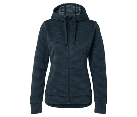 Dunkelblaue Kapuzenjacke mit durchgehendem Reißverschluss und horizontaler Rippenstruktur.