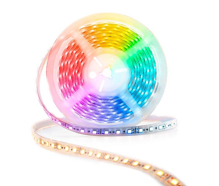Aufnahme einer aufgerollten LED-Lichterkette mit Farbverlauf von Rot über Gelb und Grün zu Blau.