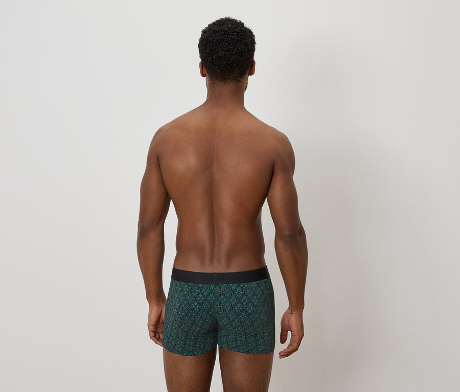 Rückansicht eines Mannes mit dunkler Haut und kurzen, lockigen, dunklen Haaren, der grüne gemusterte Boxershorts trägt.